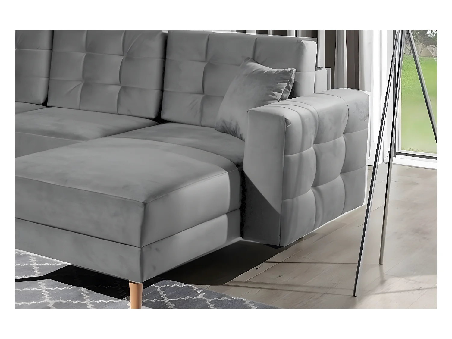 Canapé panoramique convertible - ASMA VELOURS - en tissu de qualité 5 places, gris, méridienne à droite et angle à gauche (vu de face)