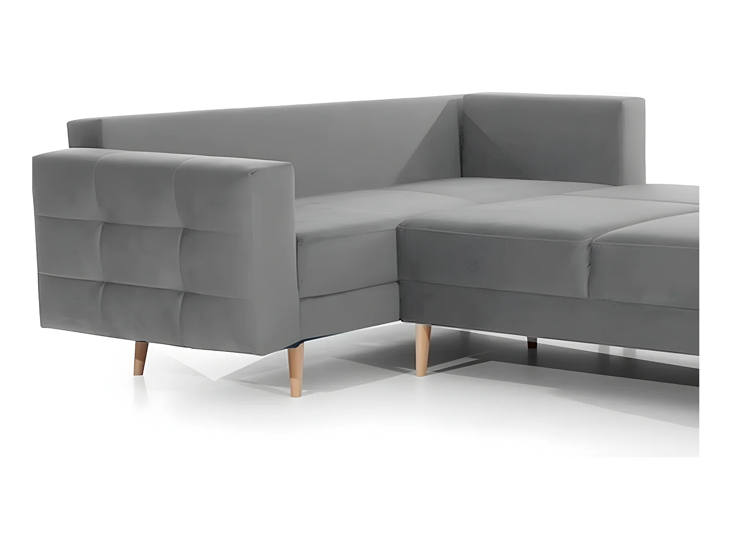 Canapé panoramique convertible - ASMA VELOURS - en tissu de qualité 5 places, gris, méridienne à droite et angle à gauche (vu de face)