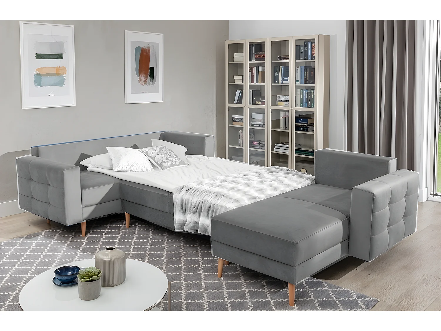 Canapé panoramique convertible - ASMA VELOURS - en tissu de qualité 5 places, gris, méridienne à droite et angle à gauche (vu de face)