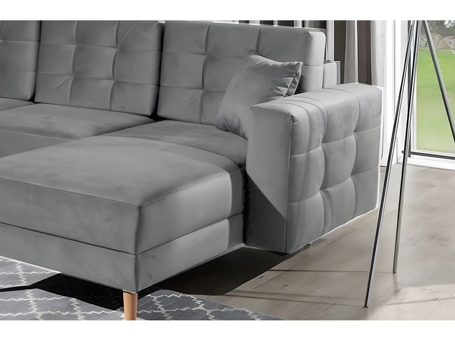 Canapé panoramique convertible - ASMA VELOURS - en tissu de qualité 5 places, gris, méridienne à droite et angle à gauche (vu de face)