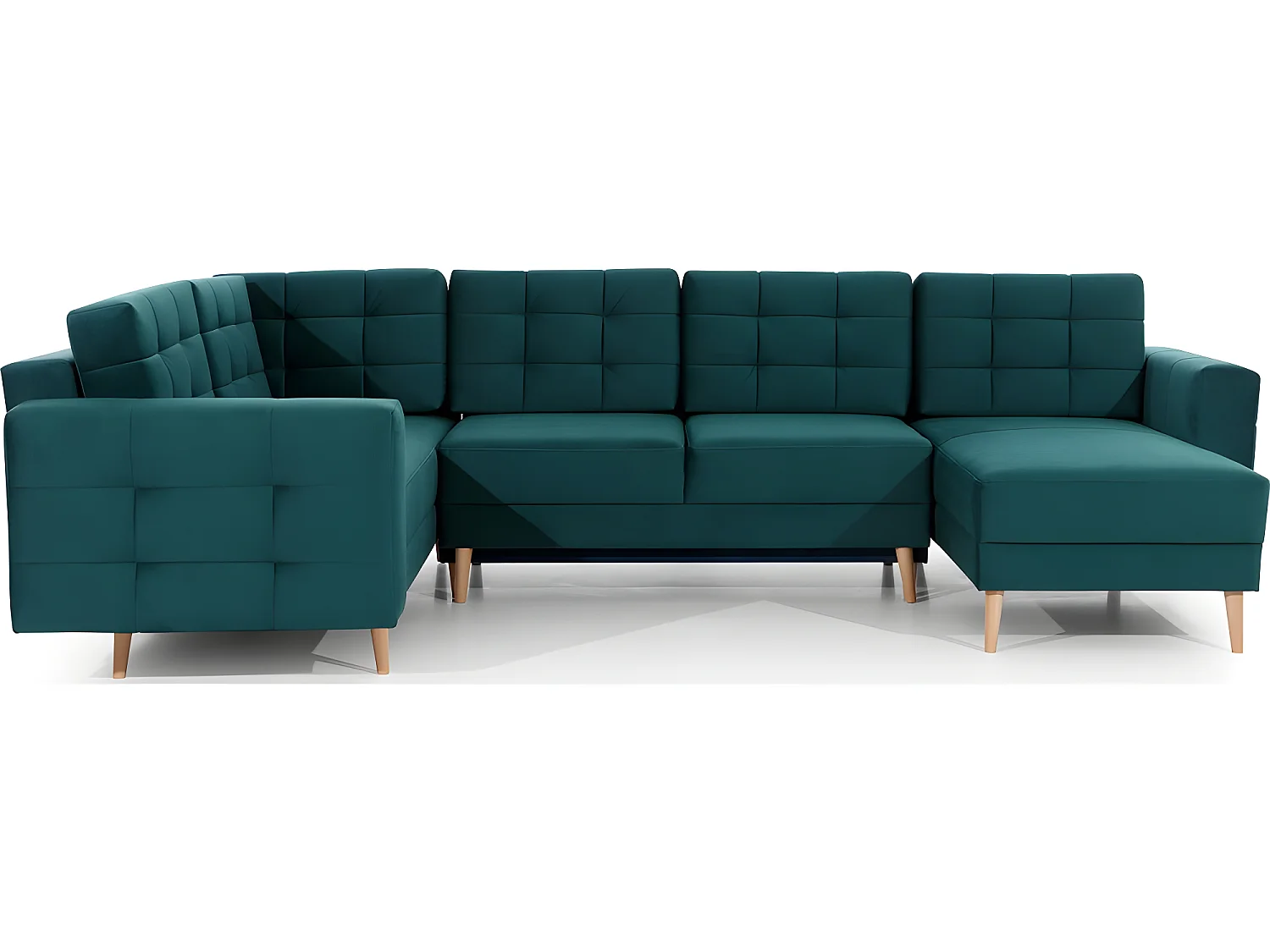 Canapé panoramique convertible - ASMA VELOURS - en tissu de qualité 5 places, vert foncé, méridienne à droite et angle à gauche (vu de face)