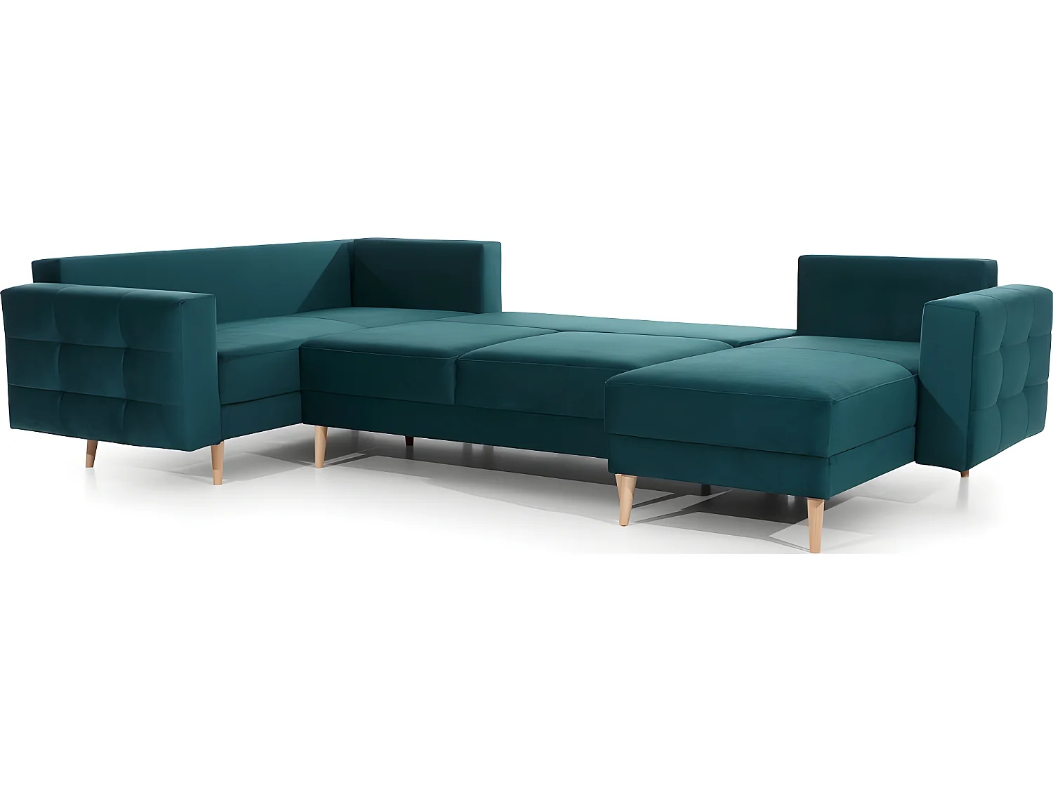 Canapé panoramique convertible - ASMA VELOURS - en tissu de qualité 5 places, vert foncé, méridienne à droite et angle à gauche (vu de face)