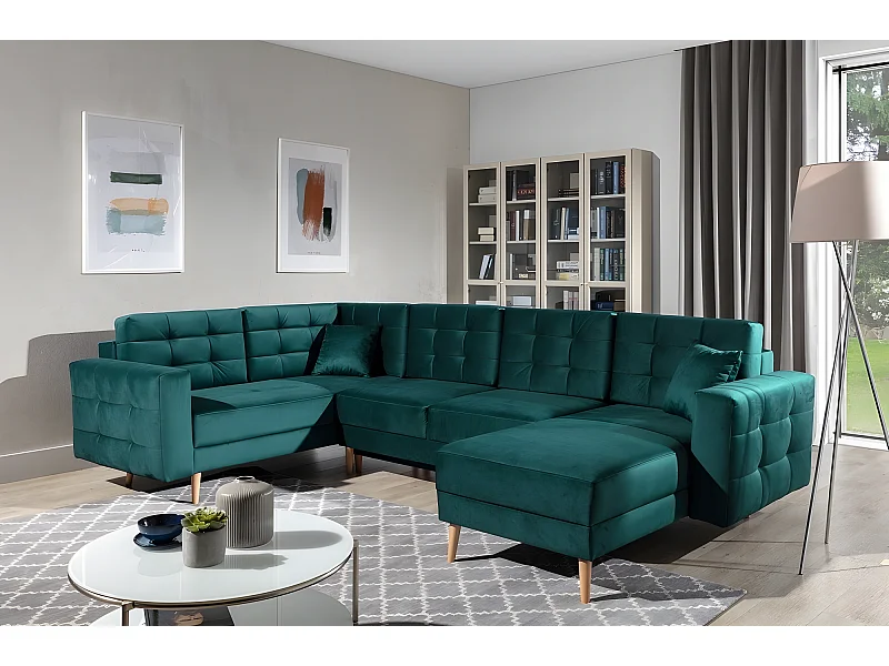 Panoramische slaapbank ASMA VELOURS van hoogwaardige stof met 5 zitplaatsen, donkergroen, chaise longue rechts en hoek links