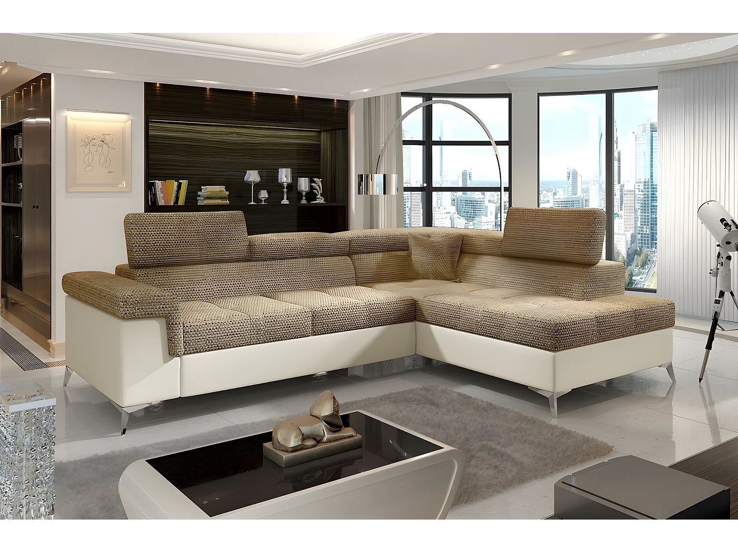 Canapé d'angle convertible - ERMAN - en tissu et simili 5 places, marron et écru, angle droit (vu de face)