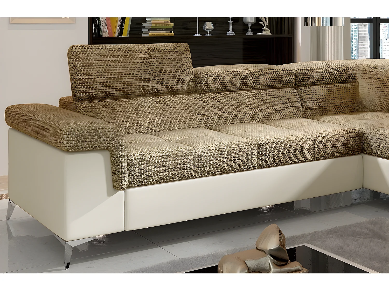 Canapé d'angle convertible - ERMAN - en tissu et simili 5 places, marron et écru, angle droit (vu de face)