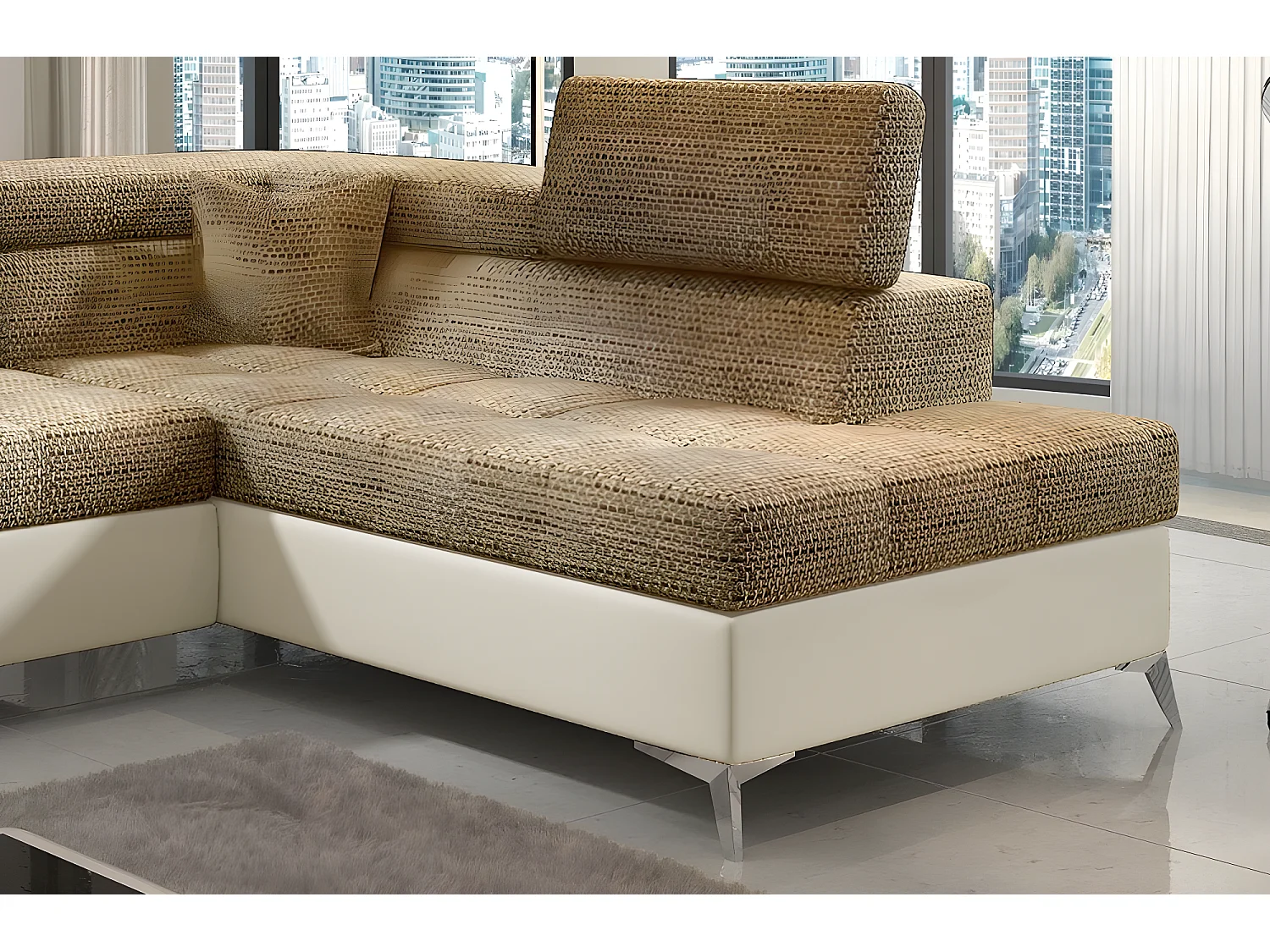 Canapé d'angle convertible - ERMAN - en tissu et simili 5 places, marron et écru, angle droit (vu de face)