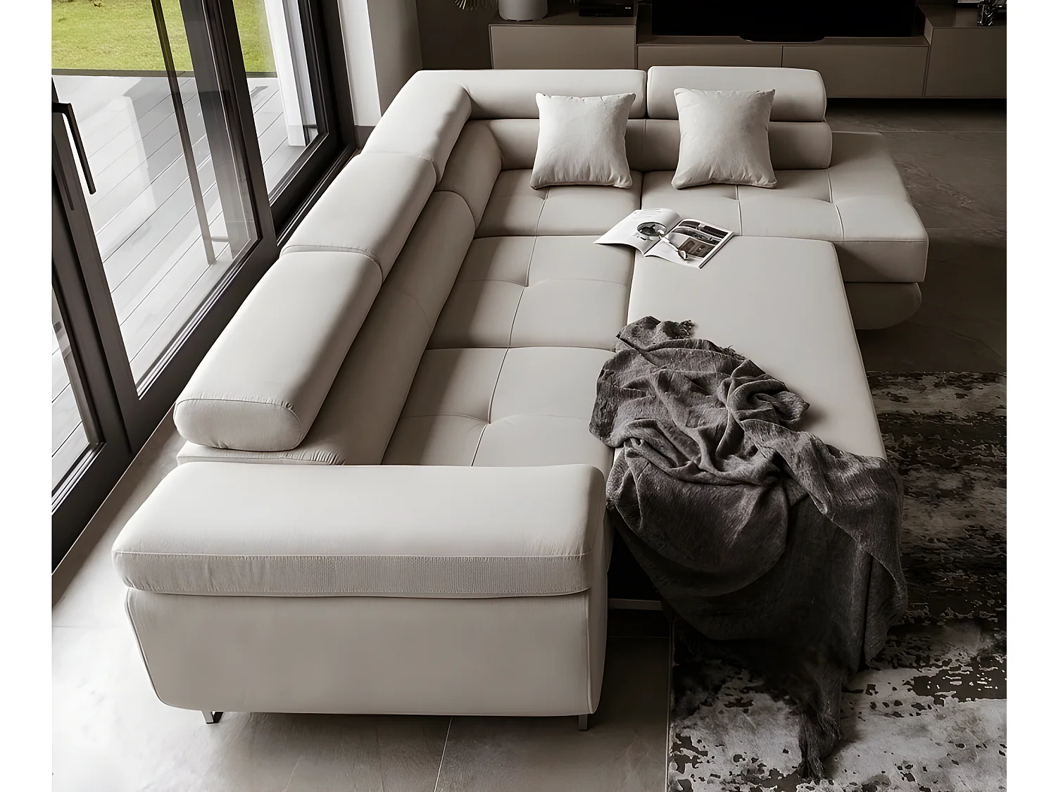 Canapé d'angle convertible en tissu luxe 5 places, ANNECY, couleur beige clair, angle droit