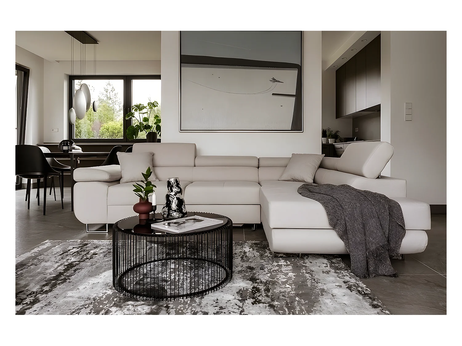 Canapé d'angle convertible en tissu luxe 5 places, ANNECY, couleur beige clair, angle droit