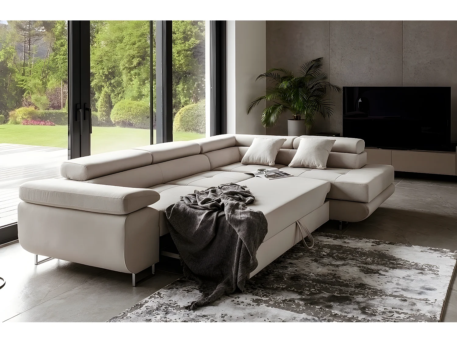 Canapé d'angle convertible en tissu luxe 5 places, ANNECY, couleur beige clair, angle droit