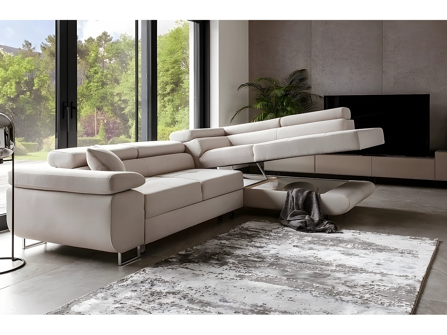 Canapé d'angle convertible en tissu luxe 5 places, ANNECY, couleur beige clair, angle droit