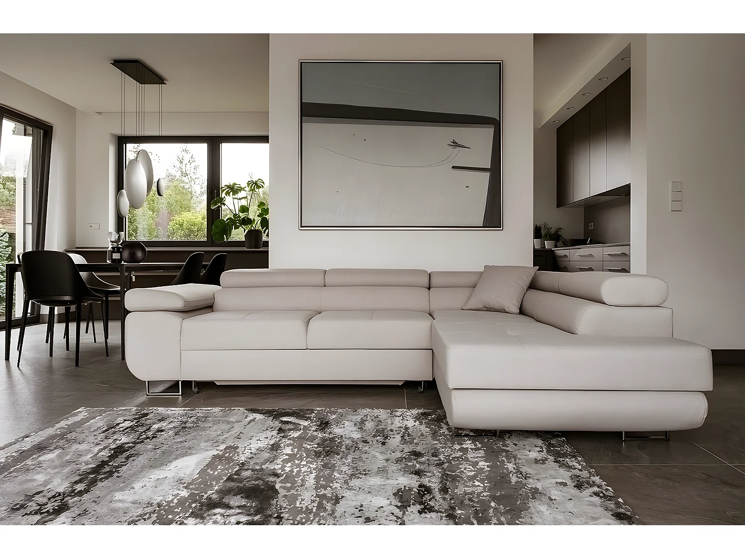 Canapé d'angle convertible en tissu luxe 5 places, ANNECY, couleur beige clair, angle droit