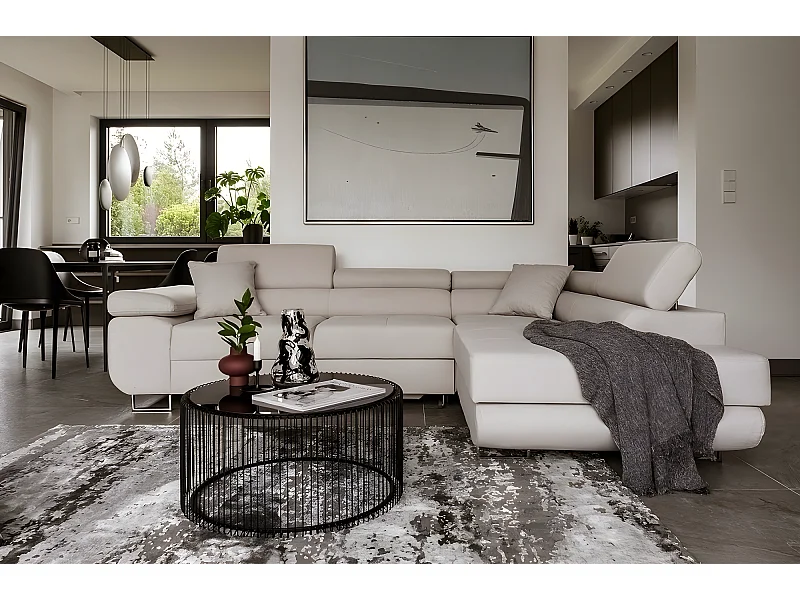 Canapé d'angle convertible en tissu luxe 5 places, ANNECY, couleur beige clair, angle droit