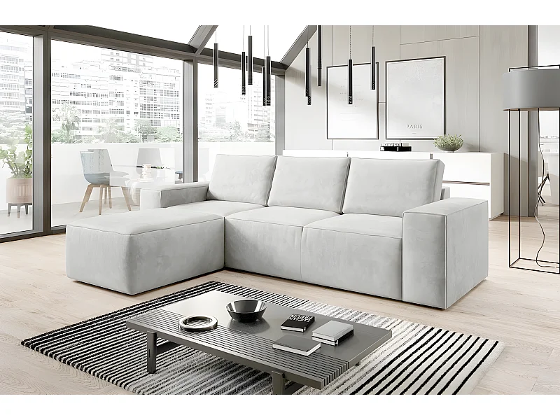 Canapé d'angle convertible - SIDNEY VELOURS - en tissu Luxe, 5/6 places, blanc cassé, angle gauche (vu de face)