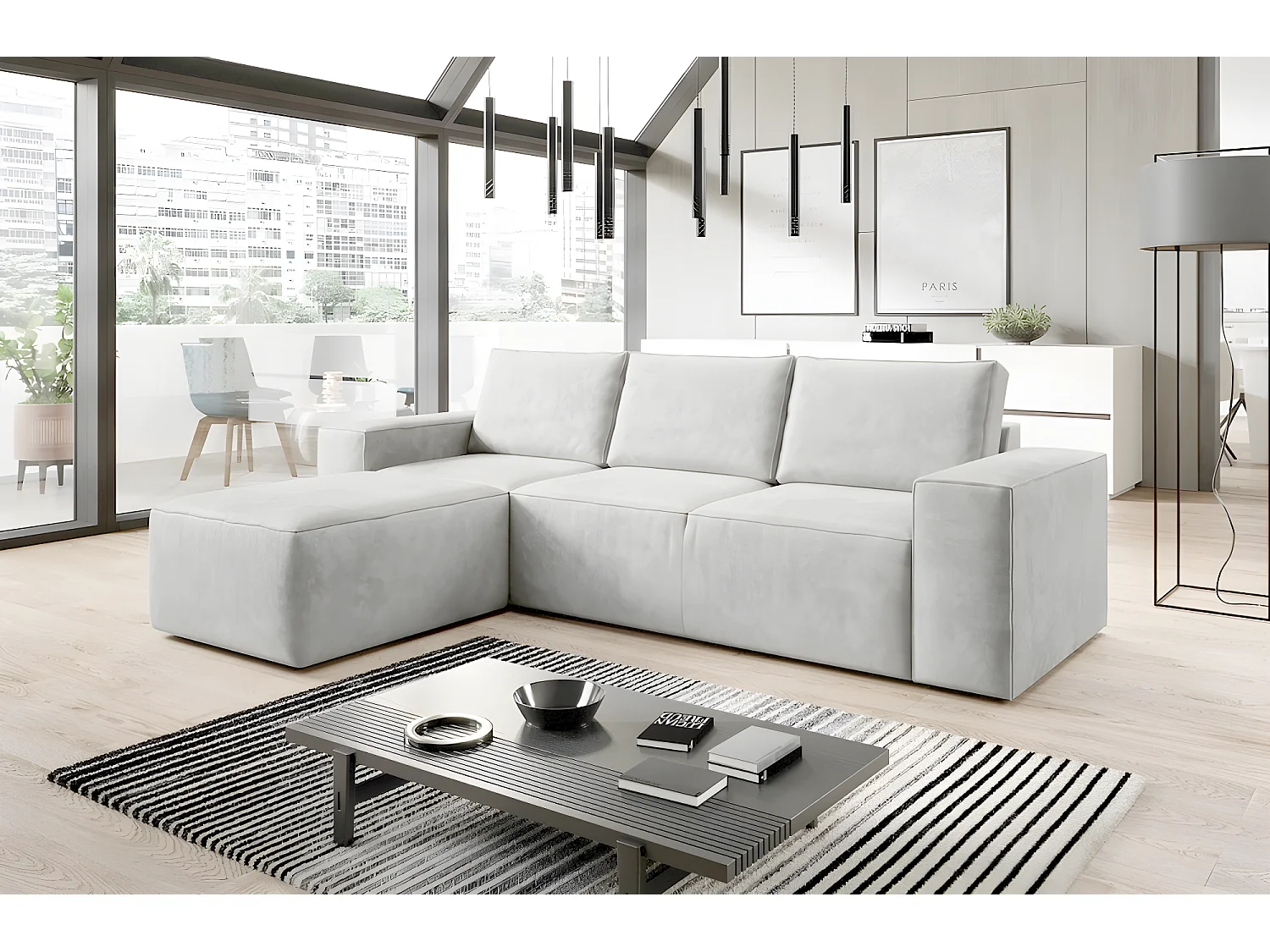 Canapé d'angle convertible - SIDNEY VELOURS - en tissu Luxe, 5/6 places, blanc cassé, angle gauche (vu de face)