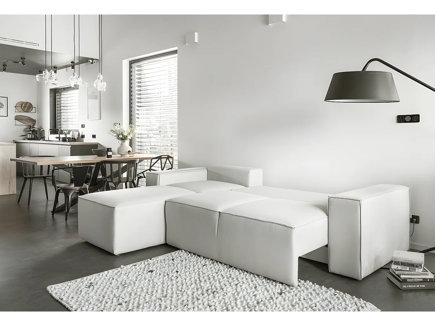 Canapé d'angle convertible - SIDNEY VELOURS - en tissu Luxe, 5/6 places, blanc cassé, angle gauche (vu de face)