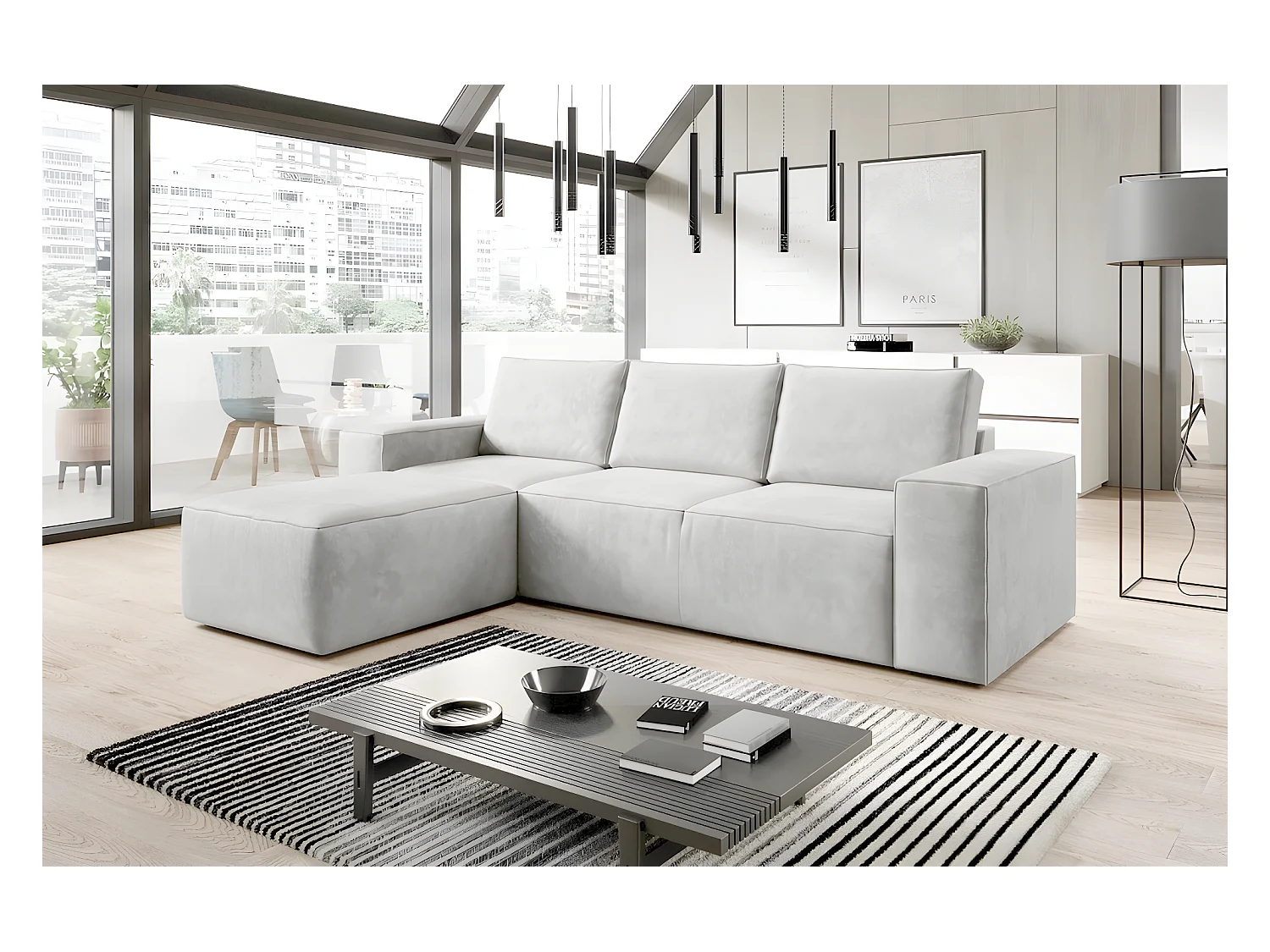 Hoekbank van luxe stof met opbergruimte en siliconen dons - SIDNEY VELOURS - 5/6 plaatsen - gebroken wit