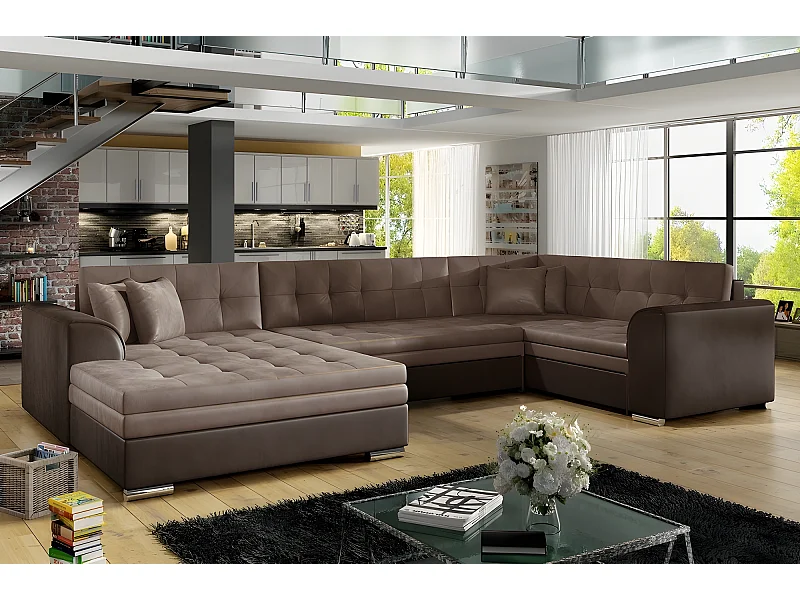 Canapé panoramique convertible - DAMIEN VELOURS - en tissu marron clair et marron foncé de qualité,  7 places, méridienne à gauche et angle à droite (vu de face)