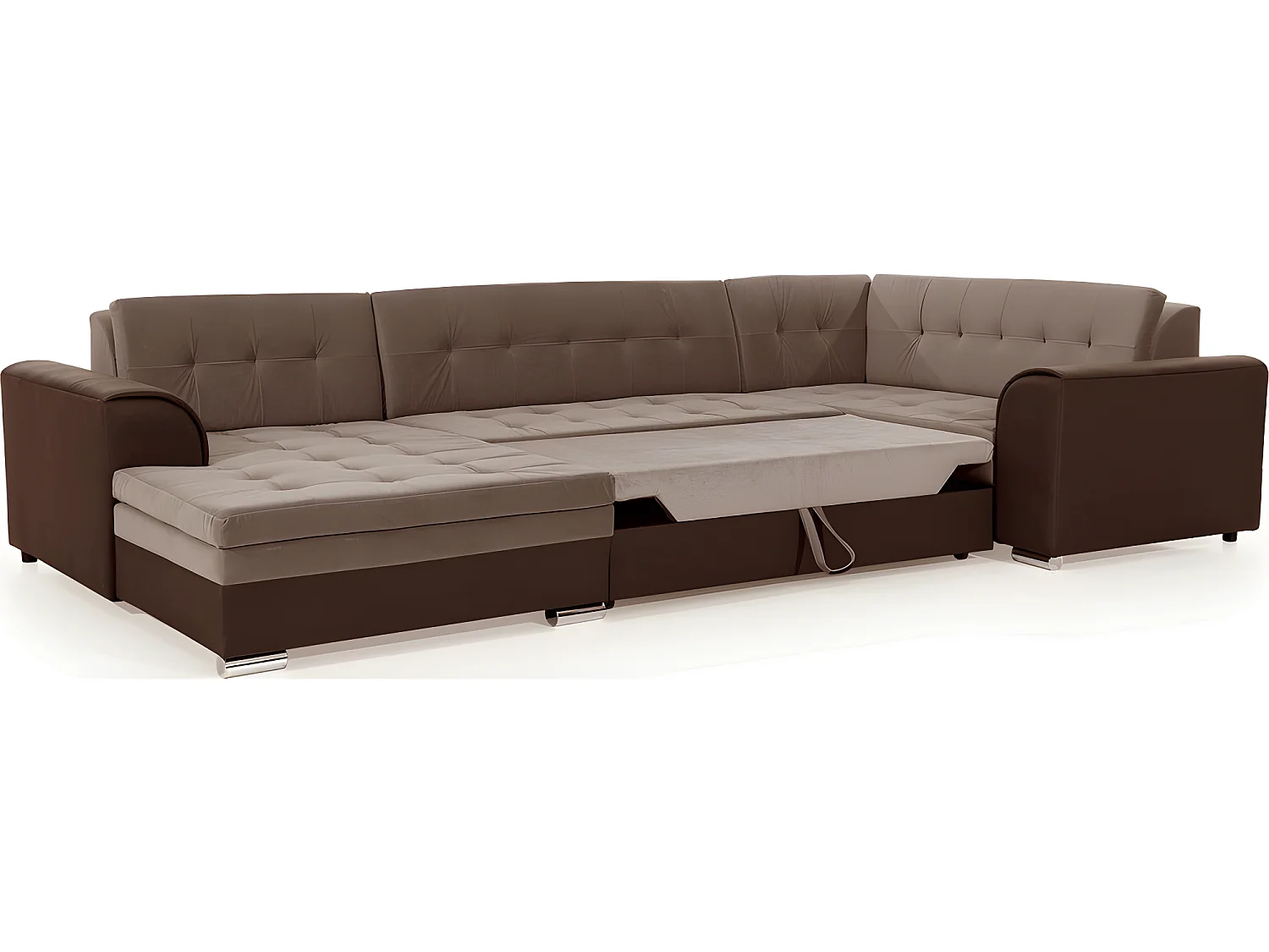 Canapé panoramique convertible - DAMIEN VELOURS - en tissu marron clair et marron foncé de qualité,  7 places, méridienne à gauche et angle à droite (vu de face)