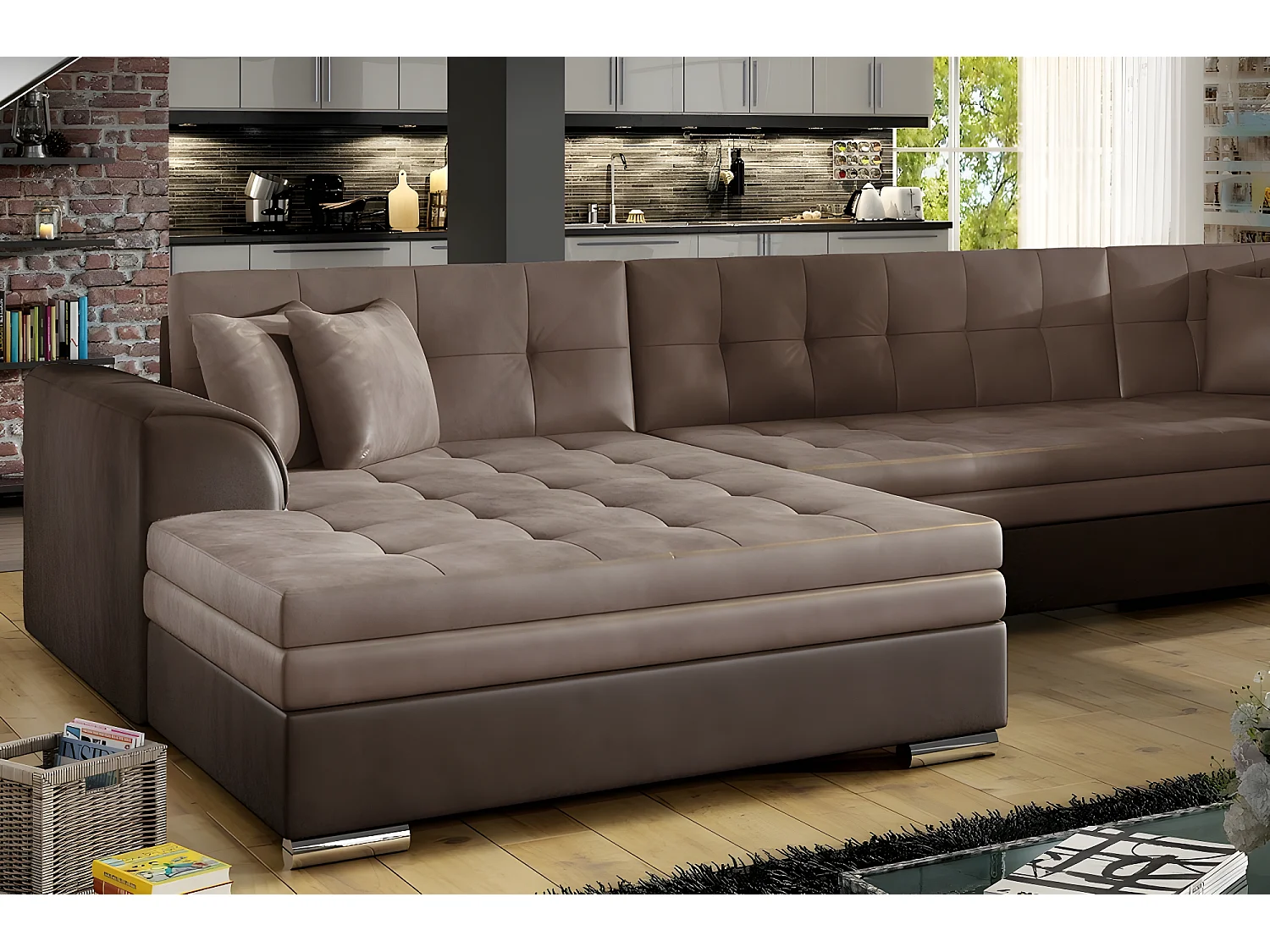 Canapé panoramique convertible - DAMIEN VELOURS - en tissu marron clair et marron foncé de qualité,  7 places, méridienne à gauche et angle à droite (vu de face)