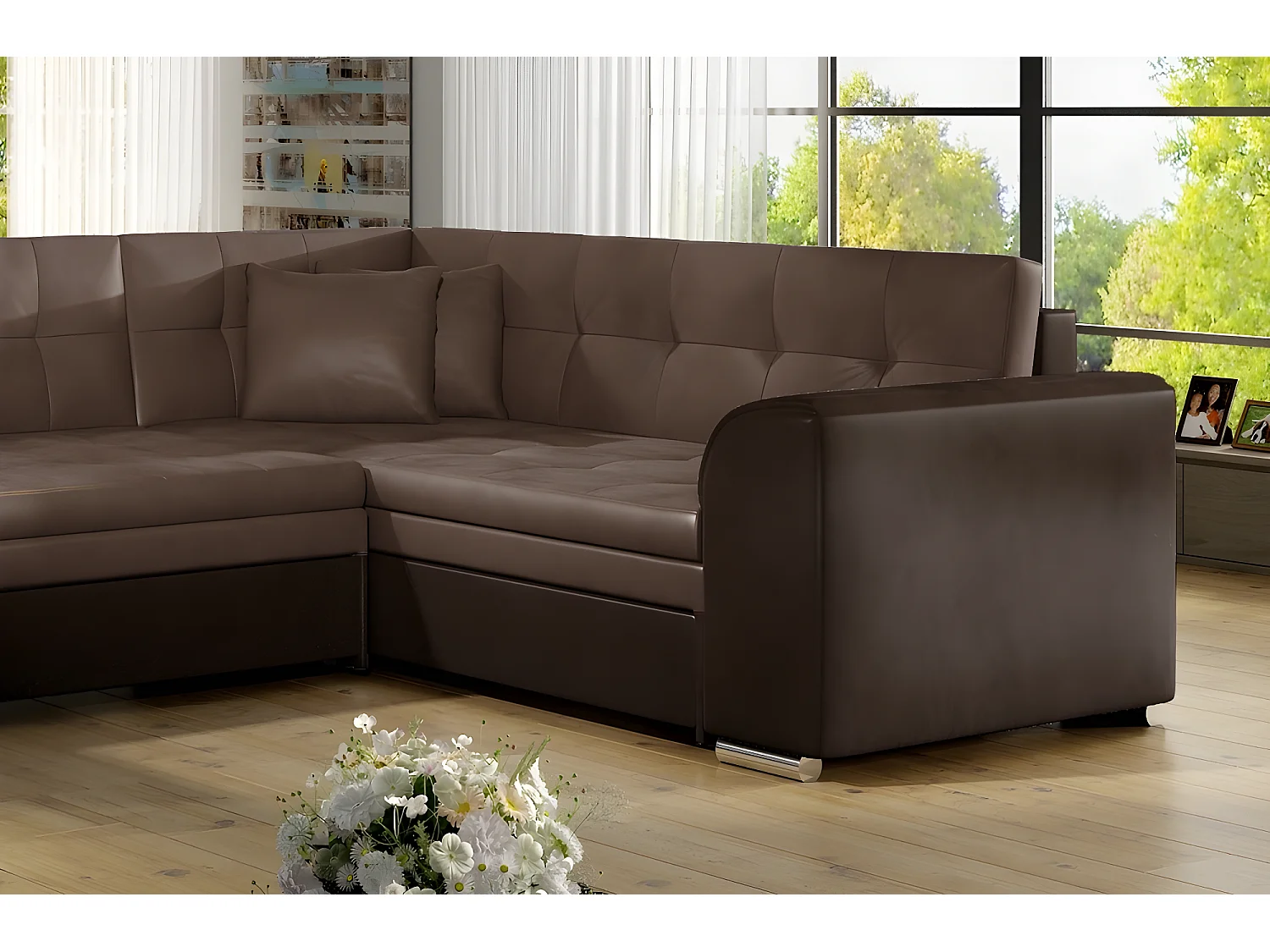 Canapé panoramique convertible - DAMIEN VELOURS - en tissu marron clair et marron foncé de qualité,  7 places, méridienne à gauche et angle à droite (vu de face)