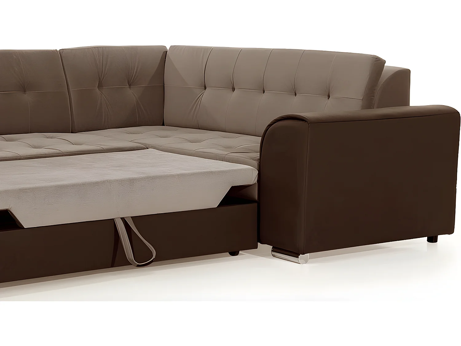 Canapé panoramique convertible - DAMIEN VELOURS - en tissu marron clair et marron foncé de qualité,  7 places, méridienne à gauche et angle à droite (vu de face)