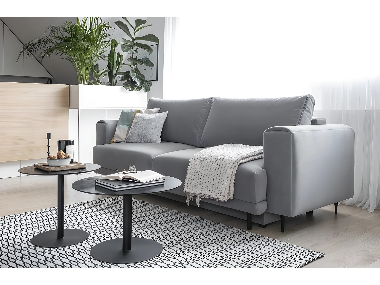 Canapé 3/4 places convertible et espace de rangement, Gris, en tissu de qualité, DANY