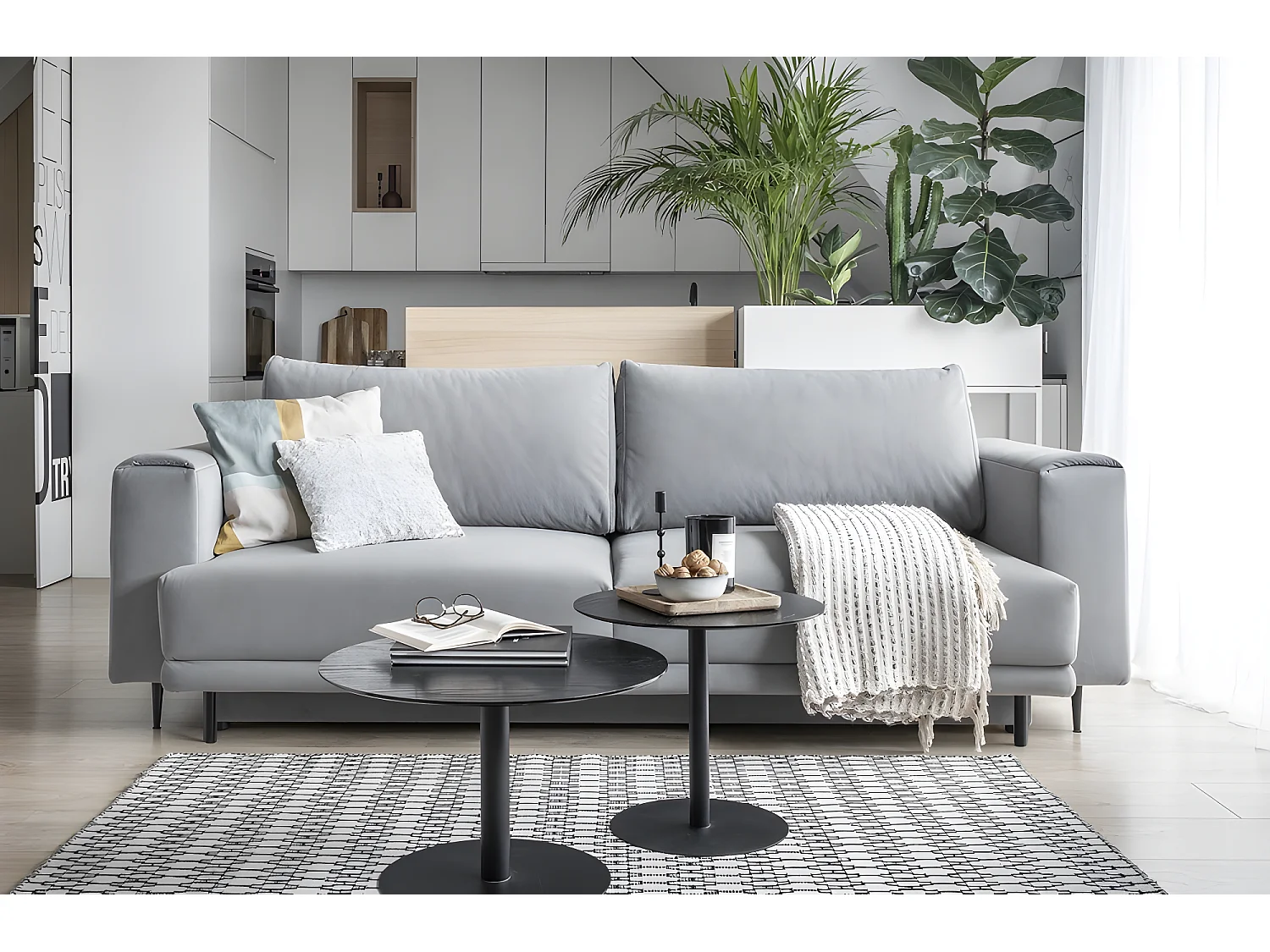 Canapé 3/4 places convertible et espace de rangement, Gris, en tissu de qualité, DANY