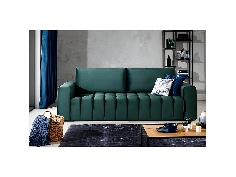 Canapé 3 places convertible et espace de rangement - Vert - en tissu velours de qualité luxe, LAZIO