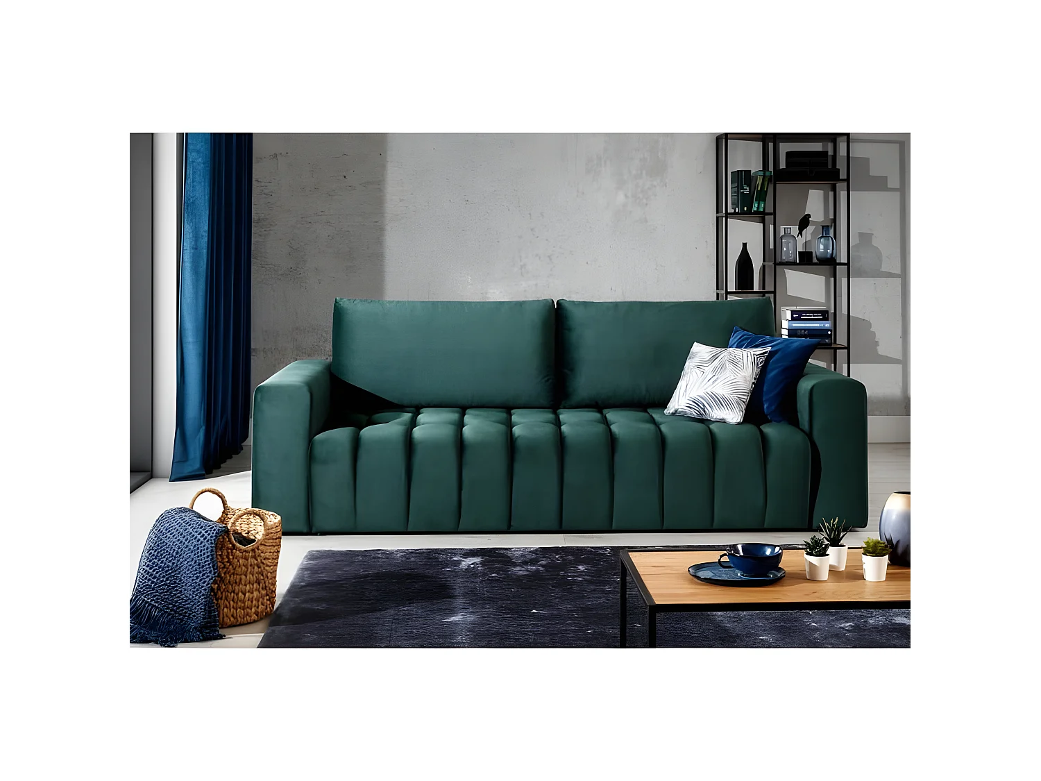 Canapé 3 places convertible et espace de rangement - Vert - en tissu velours de qualité luxe, LAZIO