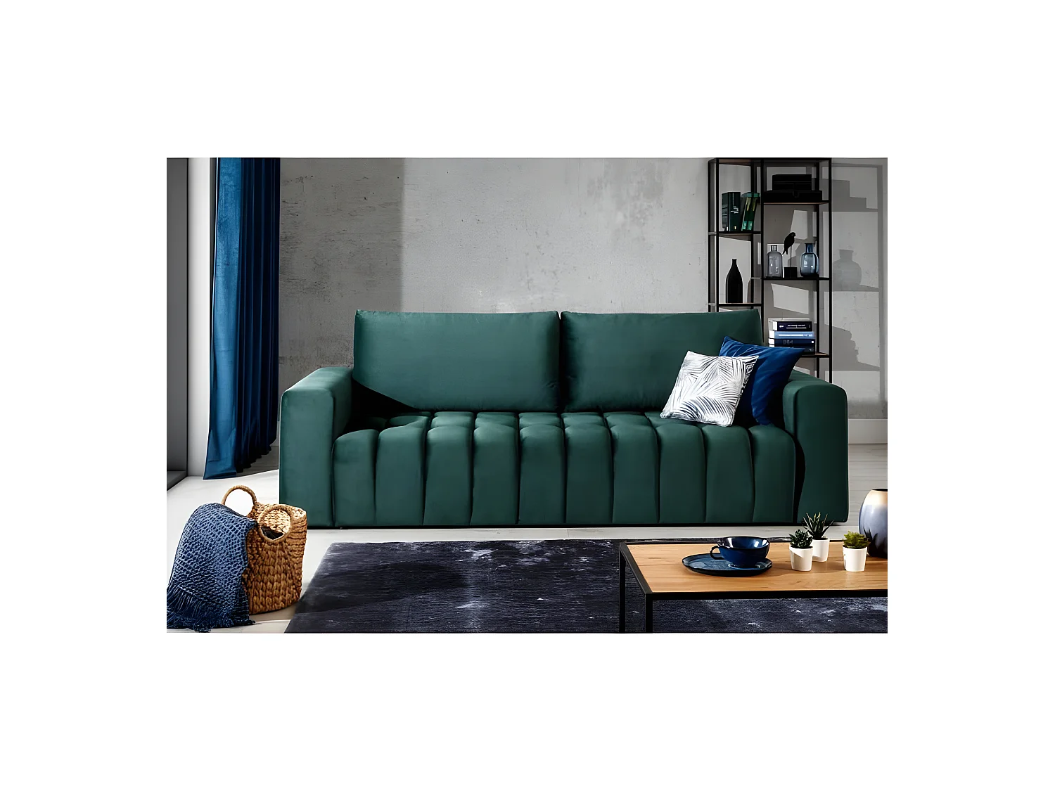 Canapé 3 places convertible et espace de rangement - Vert - en tissu velours de qualité luxe, LAZIO