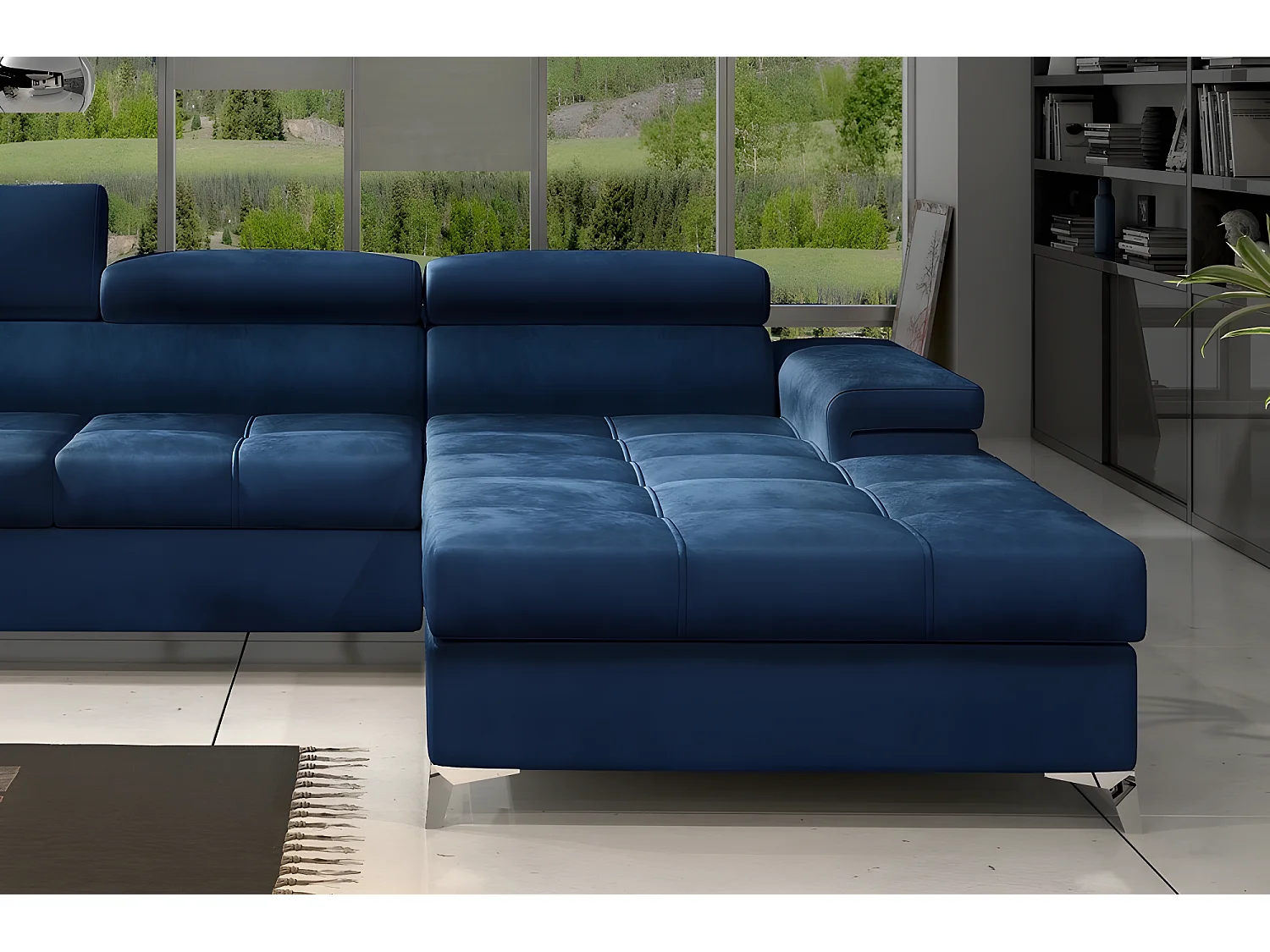 Canapé d'angle convertible en tissu velours luxe 5 places, RICHARD, bleu, angle droit