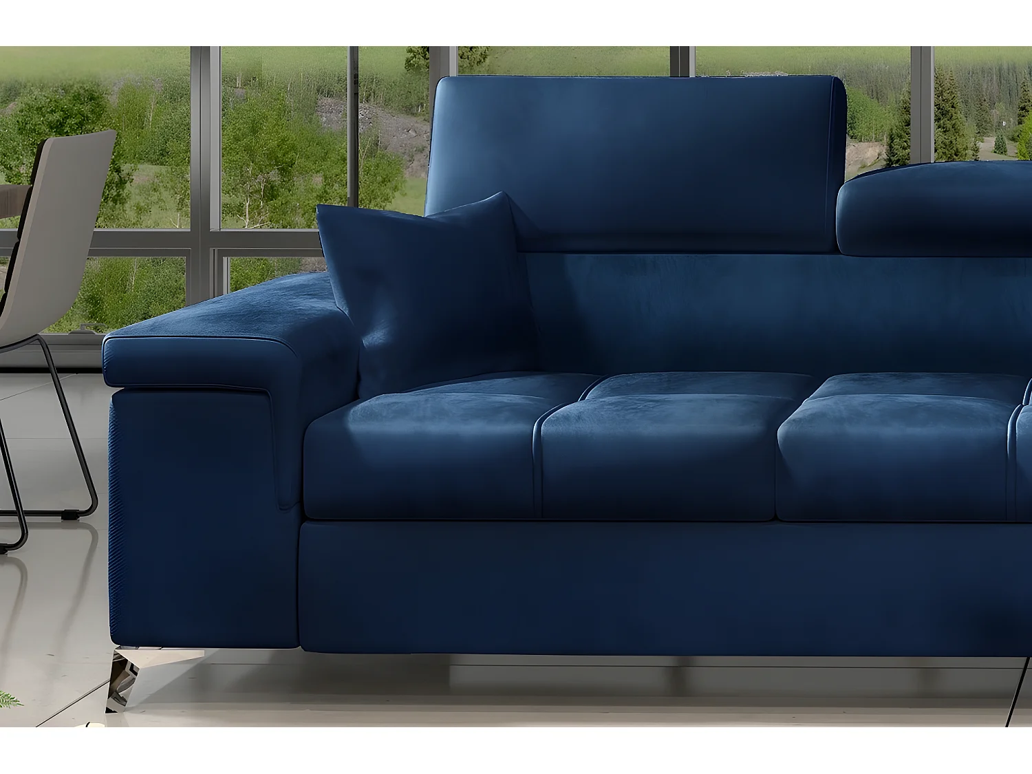 Canapé d'angle convertible en tissu velours luxe 5 places, RICHARD, bleu, angle droit