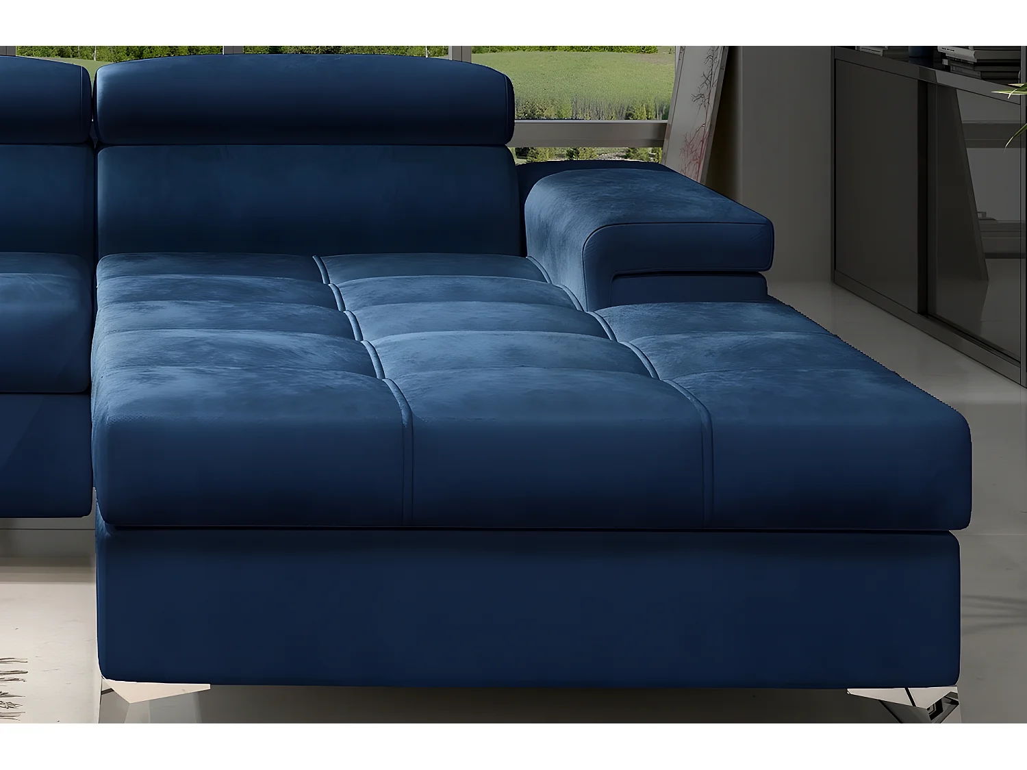 Canapé d'angle convertible en tissu velours luxe 5 places, RICHARD, bleu, angle droit