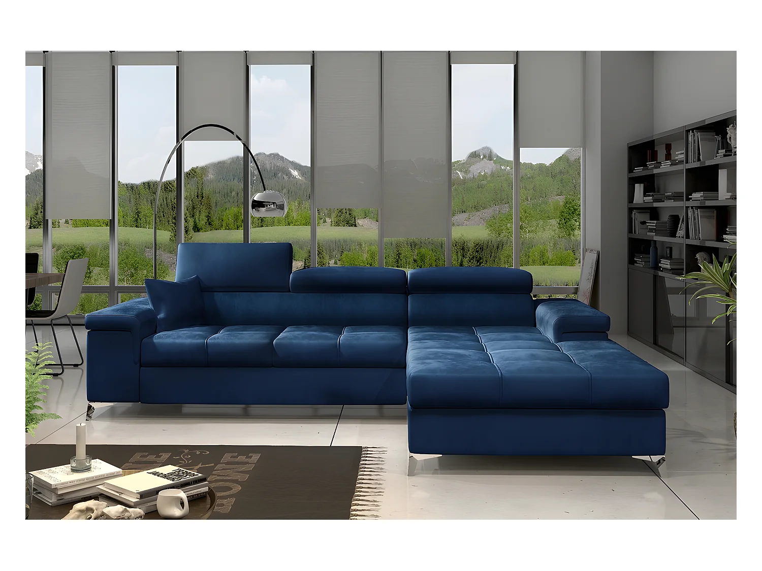 Hoekslaapbank van luxe fluwelen stof voor 5 personen met opbergruimte, RICHARD, blauw