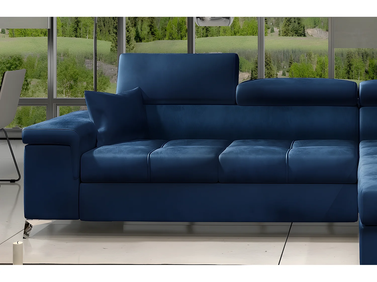 Canapé d'angle convertible en tissu velours luxe 5 places, RICHARD, bleu, angle droit