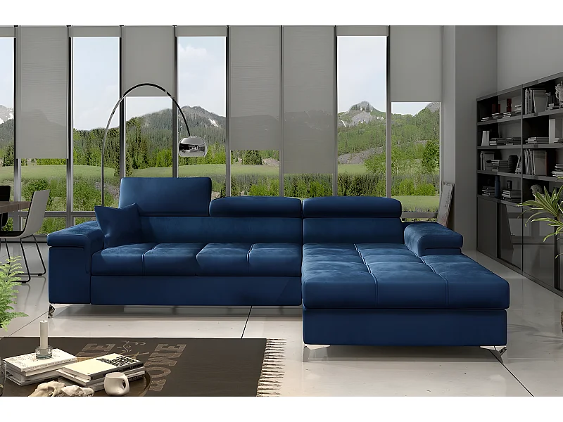 Canapé d'angle convertible en tissu velours luxe 5 places, RICHARD, bleu, angle droit