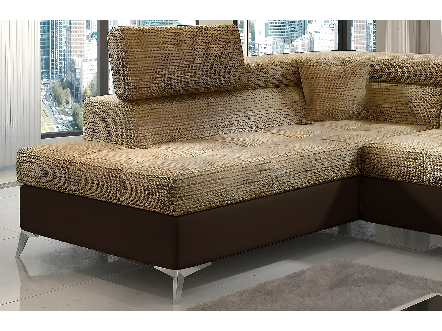 Canapé d'angle convertible - ERMAN - en tissu et simili 5 places, marron et chocolat, angle gauche (vu de face)