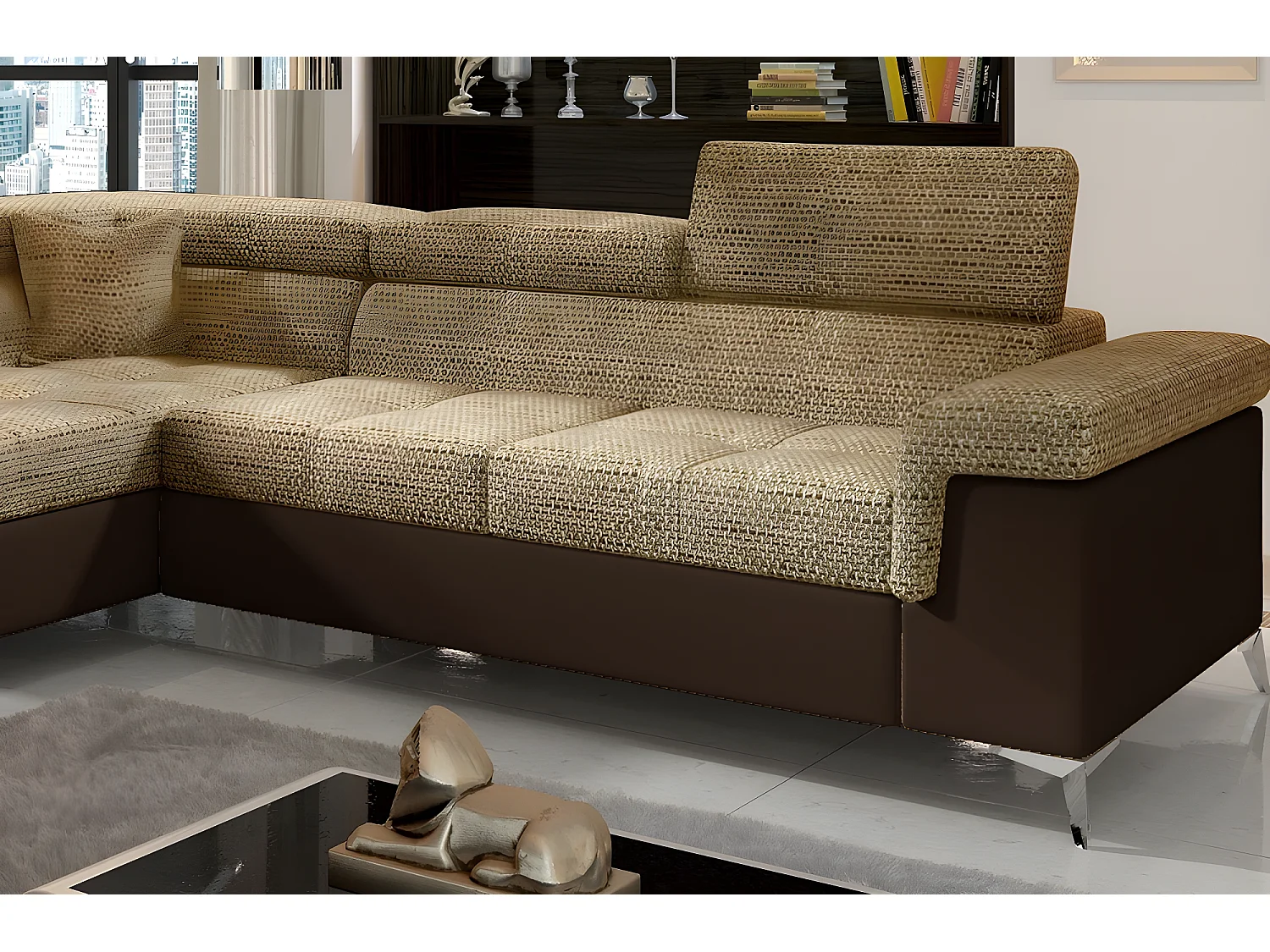 Canapé d'angle convertible - ERMAN - en tissu et simili 5 places, marron et chocolat, angle gauche (vu de face)