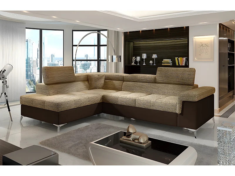 Canapé d'angle convertible - ERMAN - en tissu et simili 5 places, marron et chocolat, angle gauche (vu de face)
