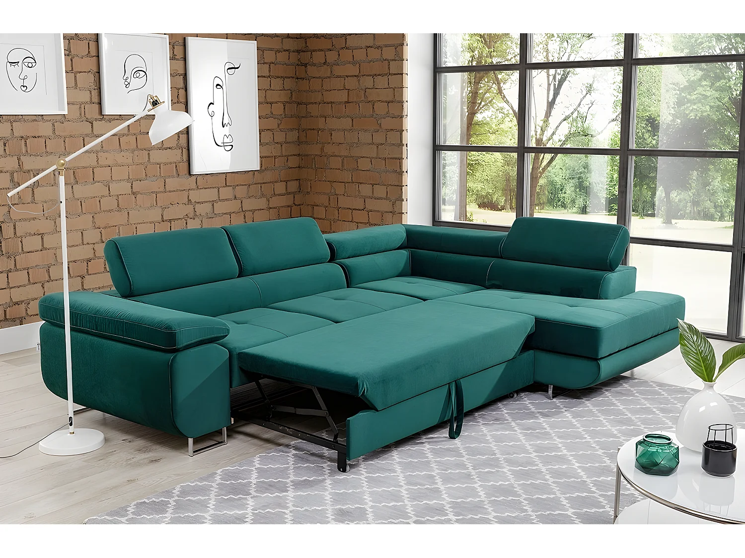 Canapé d'angle convertible en tissu luxe 5 places, avec coffre, vert, angle droit (vu de face), ANNECY KRONO