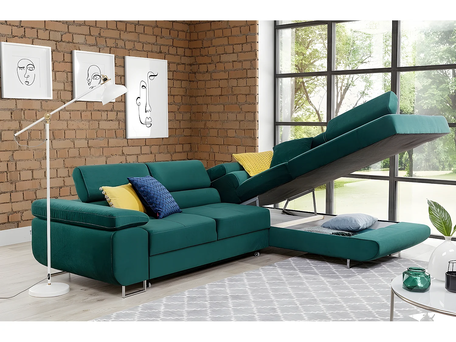 Canapé d'angle convertible en tissu luxe 5 places, avec coffre, vert, angle droit (vu de face), ANNECY KRONO