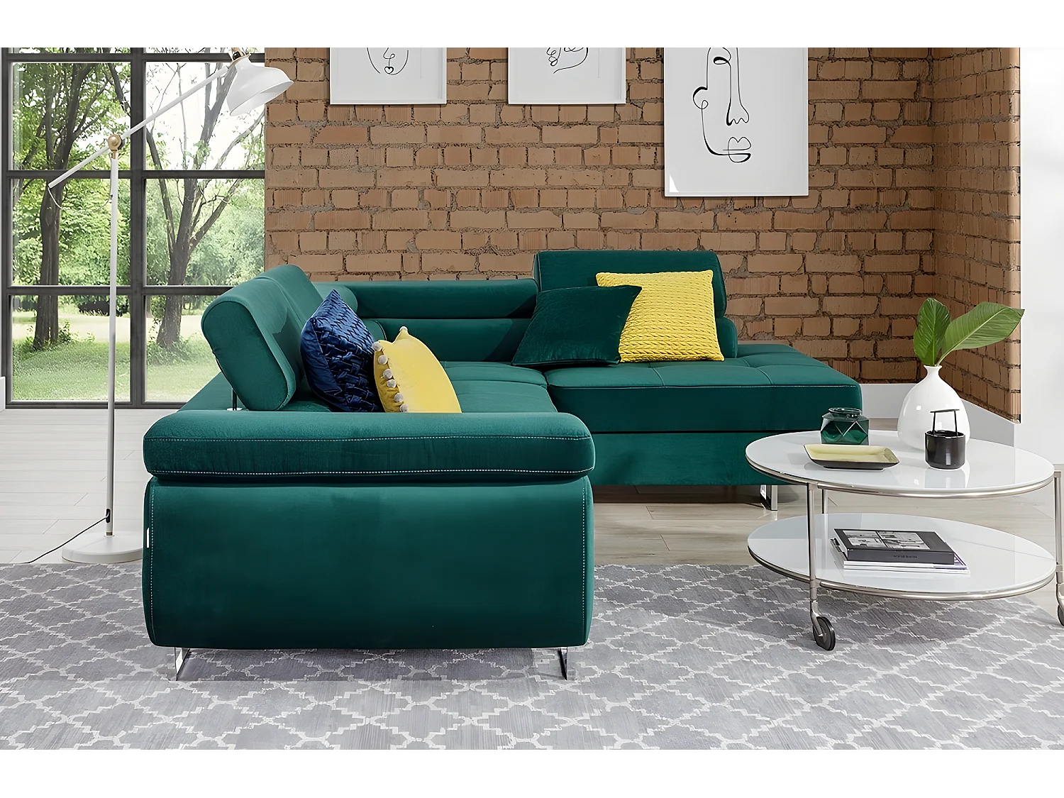 Canapé d'angle convertible en tissu luxe 5 places, avec coffre, vert, angle droit (vu de face), ANNECY KRONO