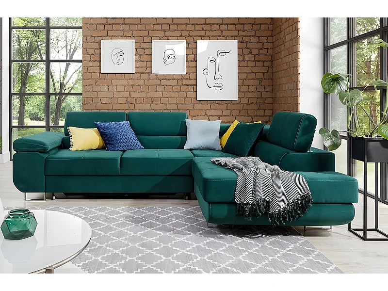Canapé d'angle convertible en tissu luxe 5 places, avec coffre, vert, angle droit (vu de face), ANNECY KRONO