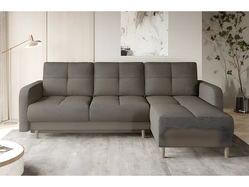 Canapé d'angle convertible en tissu luxe, rangement - beige, angle droit (vu de face), ROXANE