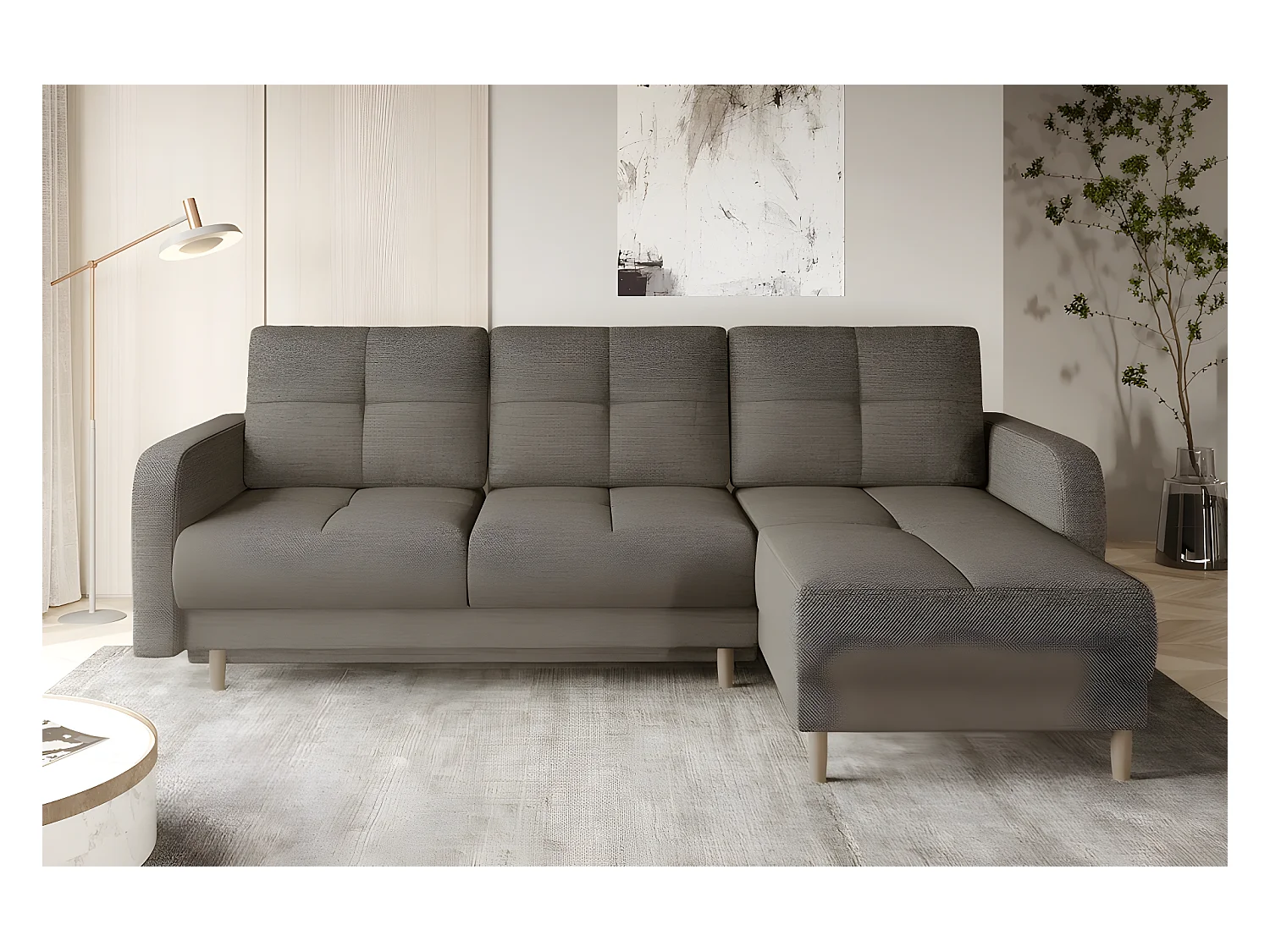 Canapé d'angle convertible en tissu luxe, rangement - beige, angle droit (vu de face), ROXANE