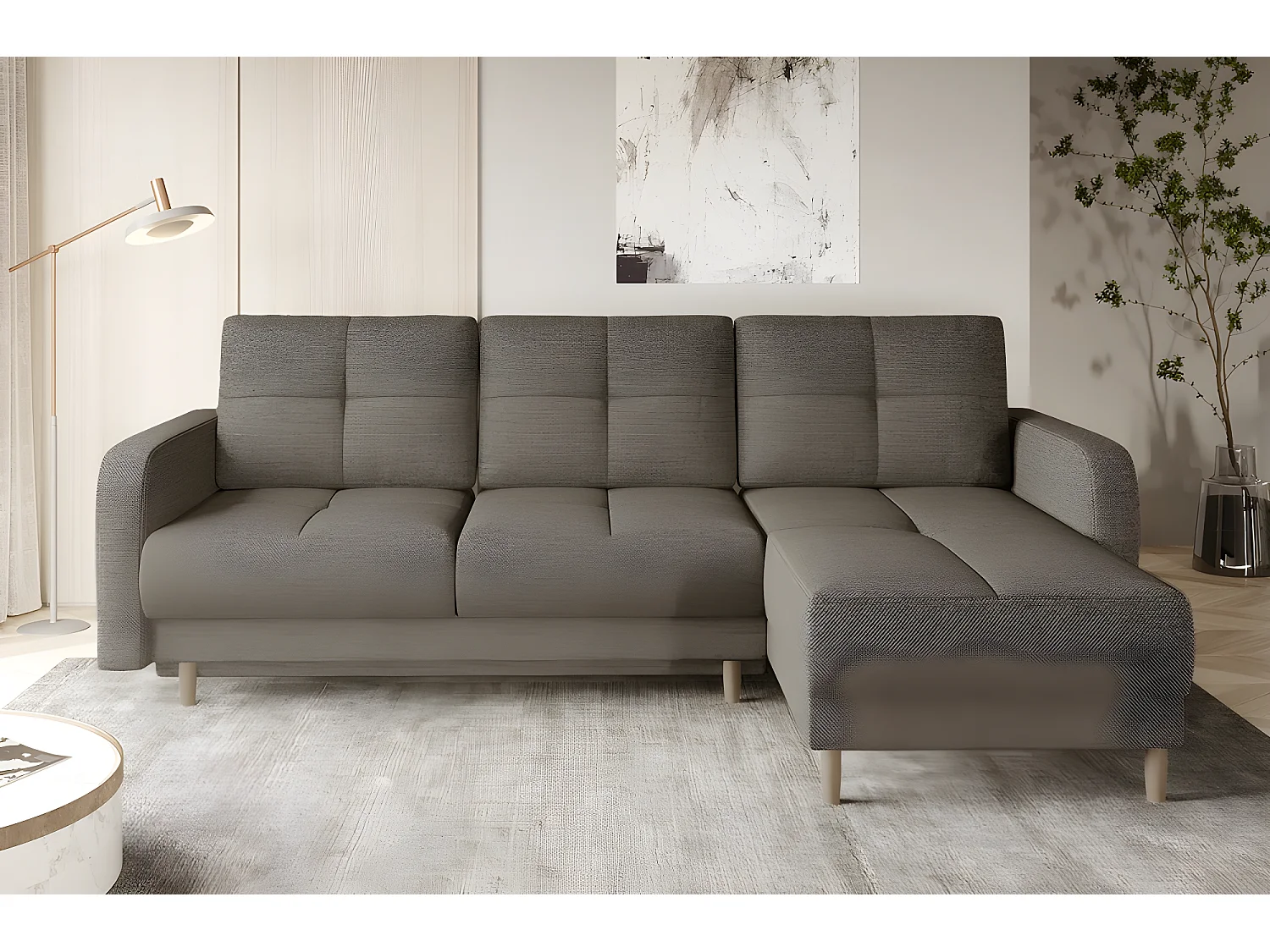 Canapé d'angle convertible en tissu luxe, rangement - beige, angle droit (vu de face), ROXANE