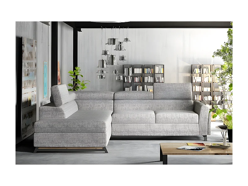 Canapé d'angle convertible - KARL - en tissu luxe - 5 places, gris, angle gauche (vu de face)