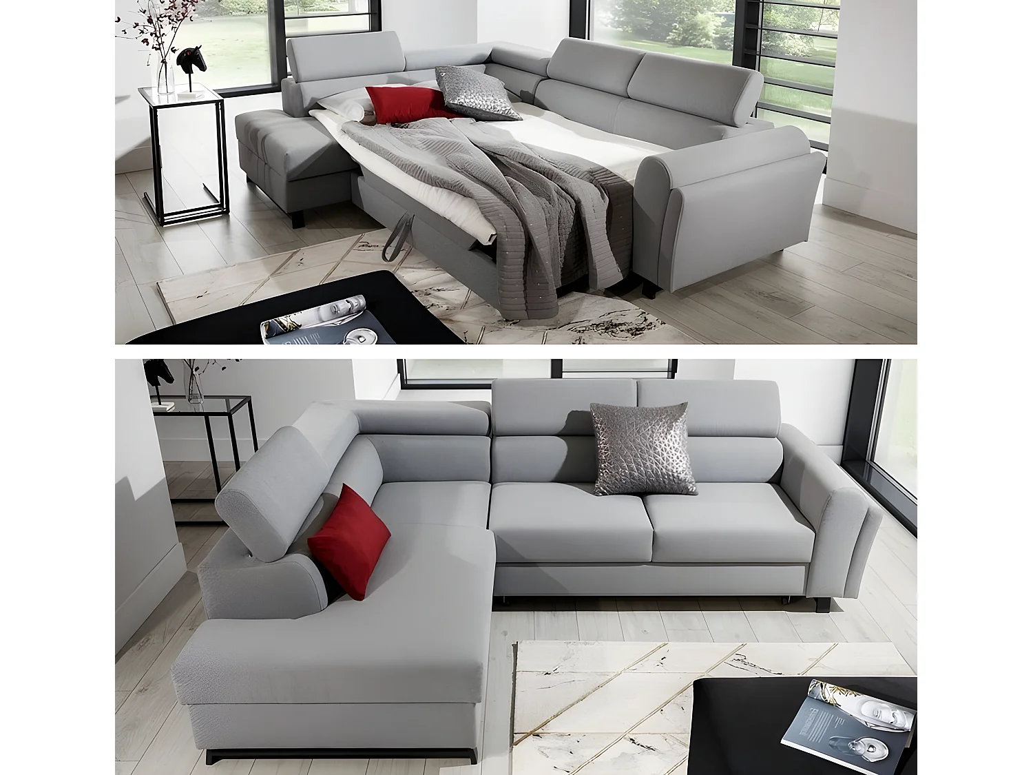 Canapé d'angle convertible - KARL - en tissu luxe - 5 places, gris, angle gauche (vu de face)