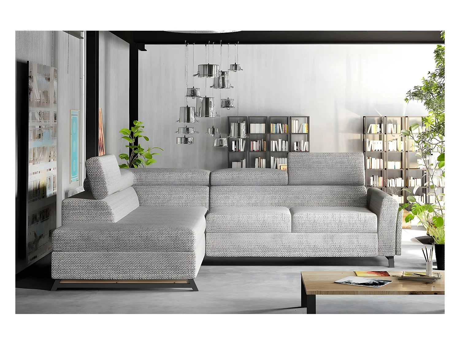 Canapé d'angle convertible - KARL - en tissu luxe - 5 places, gris, angle gauche (vu de face)