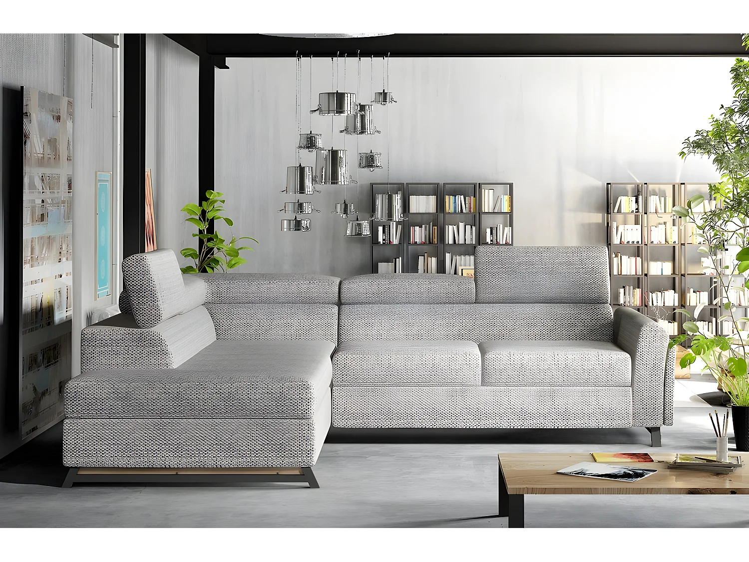 Canapé d'angle convertible - KARL - en tissu luxe - 5 places, gris, angle gauche (vu de face)